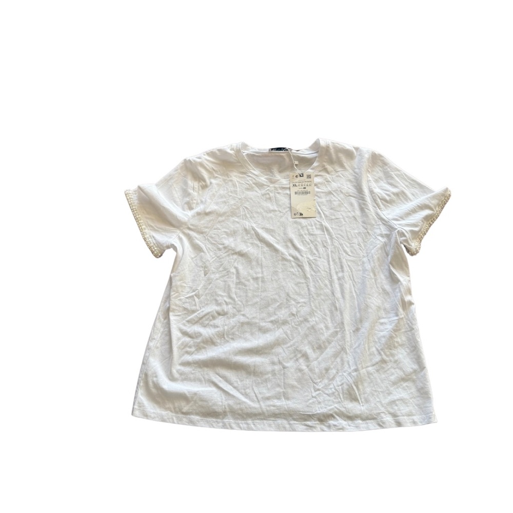 Zara White Short Sleeve Shirt with Pearl Beaded Trim – Size XL – NWT 100% Cotton